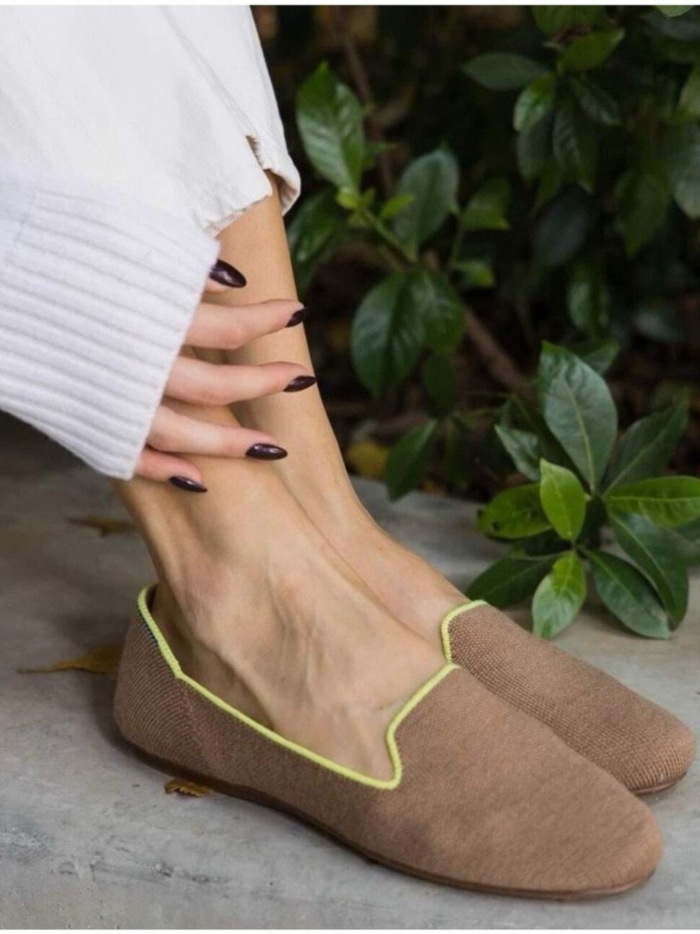 Rothy's Brown Knit Slip-On Loafers with Lime Trim